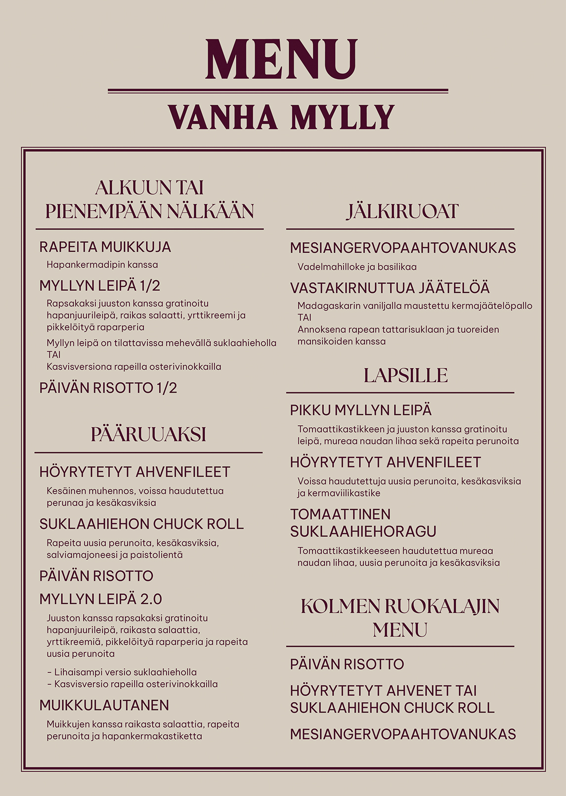 Vanha Mylly Menu