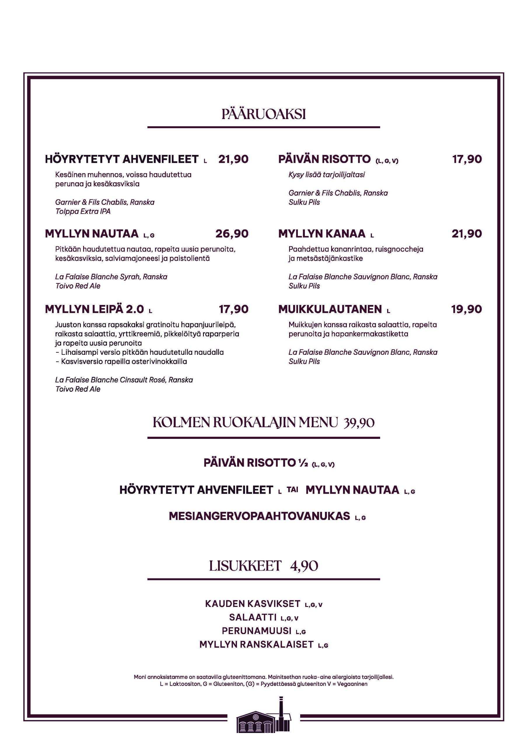 Ravintola Vanha Mylly menu