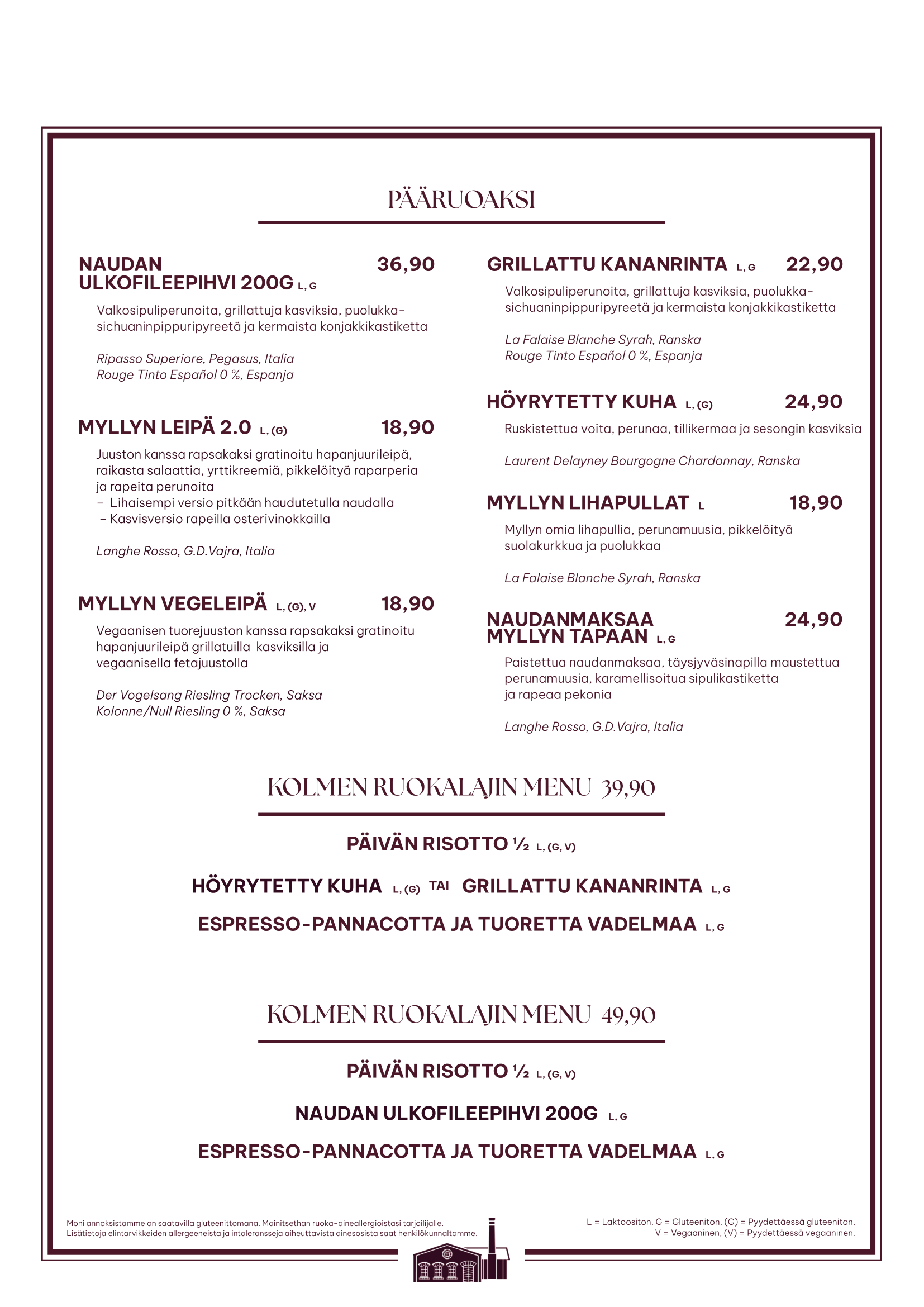 Vanha Mylly Jämsänkosi uusi syksymenu ulkofileepihvi höyrytetty kuha naudanmaksa