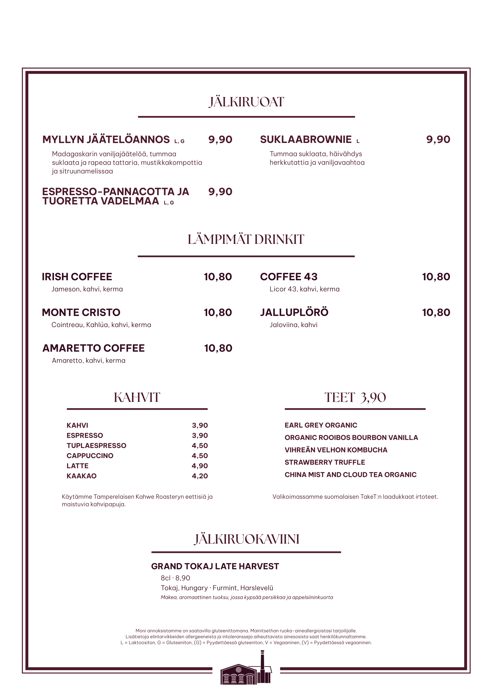 Vanha Mylly Jämsänkosi syksymenu jälkiruoat kuumat drinkit kahvi