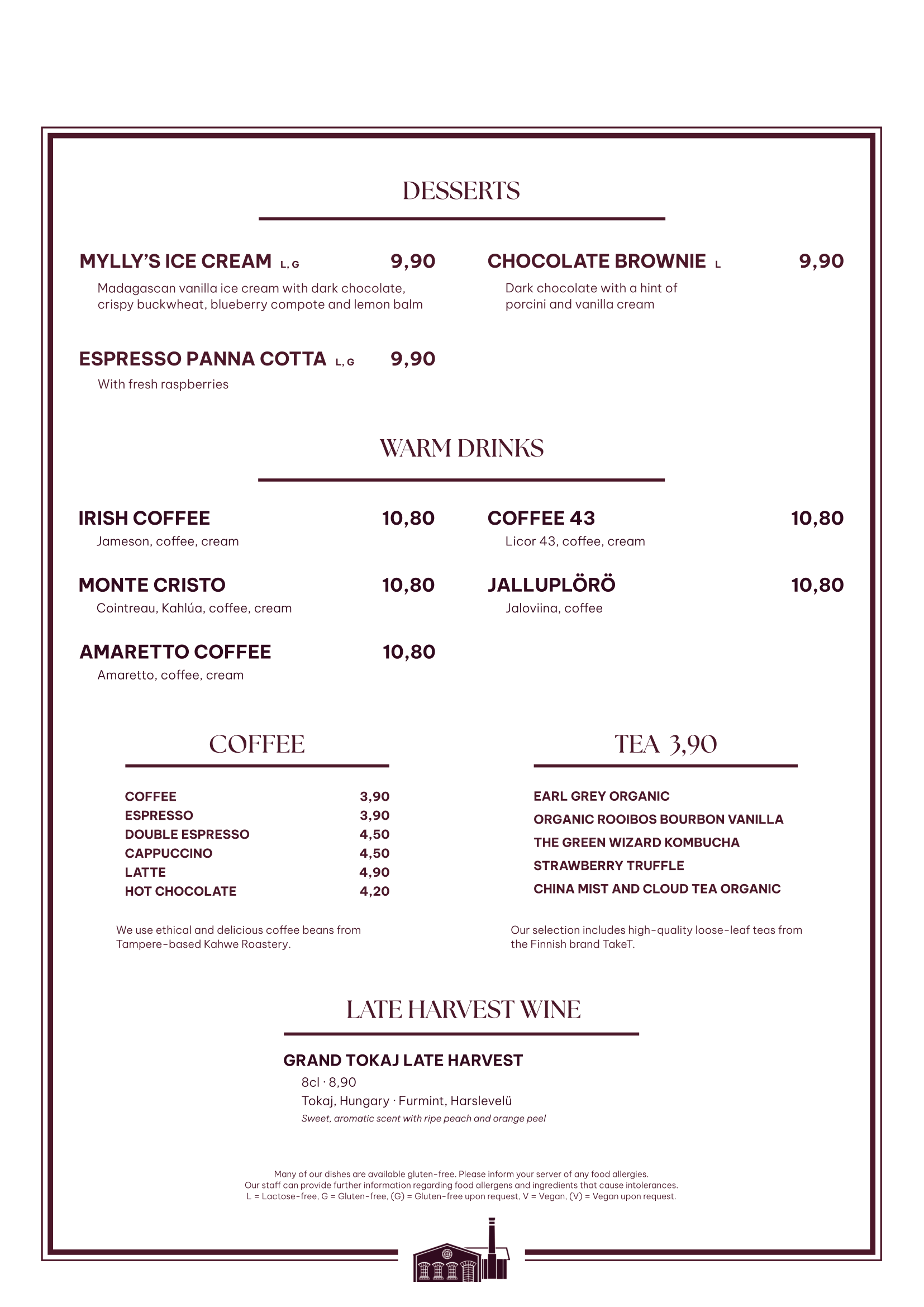 Vanha Mylly Jämsänkoski Autumn Season Menu Desserts Warm Drinks Coffee